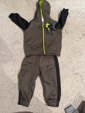 Nike Olive Green & Black Kids Hoodie Jogger Set with Neon Yellow Accent